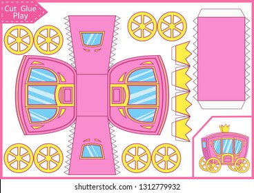 Carriage with crown. Cut and glue the papers a carriage. Birthday party and baby shower décor. Worksheet with childrens crafts. Vector template for gift package.