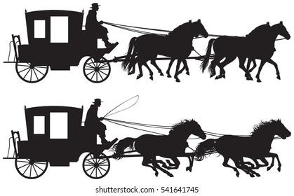 Carriage drawn by four horseâ??s silhouettes, four-in-hand horse-drawn traveling carriage realistic vector illustration