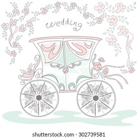 The carriage drawn by hand. Coach princess . Wedding card .