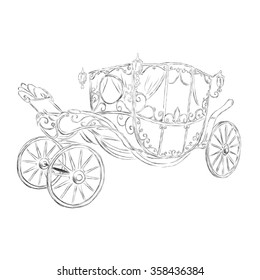 The carriage drawn by hand. Coach princess . Wedding card .