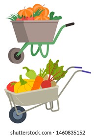 Carriage in farming vector, isolated set of carts loaded with vegetables. Pepper and carrots, beetroot and paprika pumpkin. Harvesting season flat style