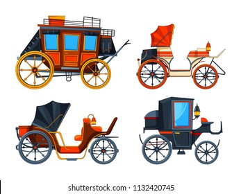 Carriage flat style. Illustrations set of various chariot. Vector collection of cart antique, transport carriage, caleche and stagecoach