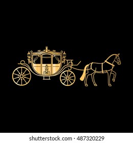 Carriage golden silhouette with horse. Vector horse carriage gold silhouette on black background