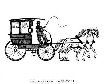 Carriage with horses vector illustration. Scratch board style imitation. Hand drawn image.