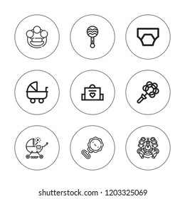 Carriage icon set. collection of 9 outline carriage icons with baby bag, carriage, diaper, rattle icons. editable icons.