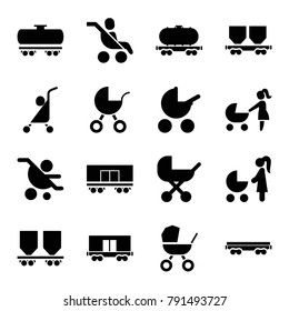 Carriage icons. set of 16 editable filled carriage icons such as baby stroller