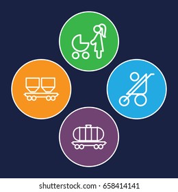 Carriage icons set. set of 4 carriage outline icons such as baby stroller, cargo wagon