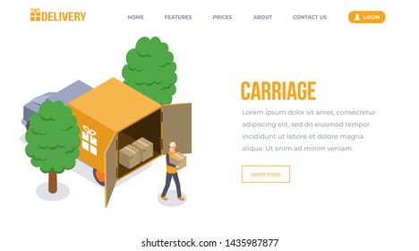 Carriage isometric landing page vector template. Courier service, goods shipping, transportation website. Delivery man, loader with box, worker unloading truck 3d concept