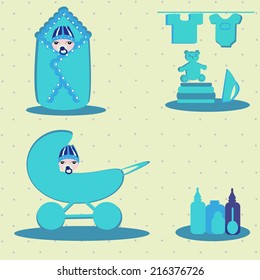 Carriage for the kid.Stroller for walking with a small child. Square vector illustration. 