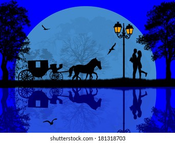 Carriage and lovers at blue night on beautiful landscape near water, vector illustration