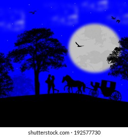 Carriage and lovers at blue night on beautiful landscape, vector illustration