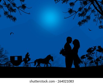 Carriage and lovers at blue night on beautiful landscape, vector illustration