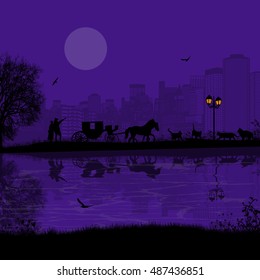 Carriage and lovers at blue night in romantic city place near water and many cats, vector illustration