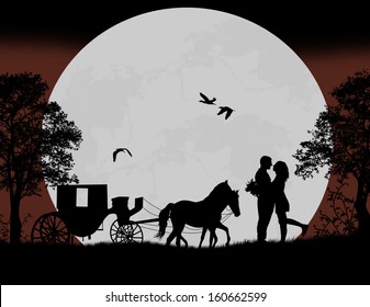 Carriage and lovers at night on beautiful landscape, vector illustration