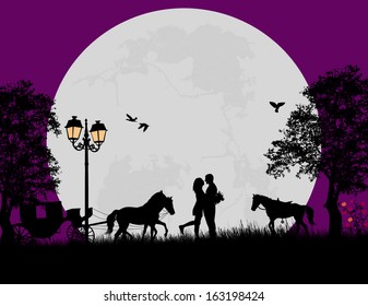 Carriage and lovers at night on beautiful landscape, vector illustration