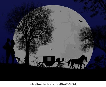 Carriage and lovers on blue in front of full moon, romantic background, vector illustration