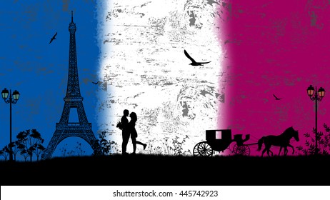Carriage and lovers in Paris against Frace flag, romantic background, vector illustration