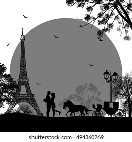 Carriage and lovers in Paris on white in front of full moon, romantic background, vector illustration