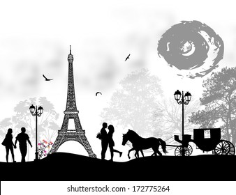 Carriage and lovers in Paris, romantic background, vector illustration