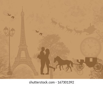 Carriage and lovers in Paris, with Santa's sleigh romantic background, vector illustration