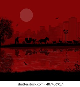 Carriage and lovers at red night in romantic city place near water and many cats, vector illustration