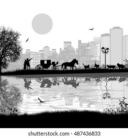 Carriage and lovers in romantic city place near water and many cats on white, vector illustration