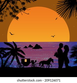 Carriage and lovers at sunset  on the beach, vector illustration