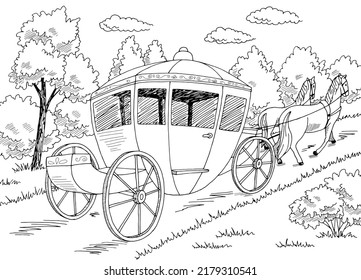 Carriage is moving along the road graphic black white landscape sketch illustration vector
