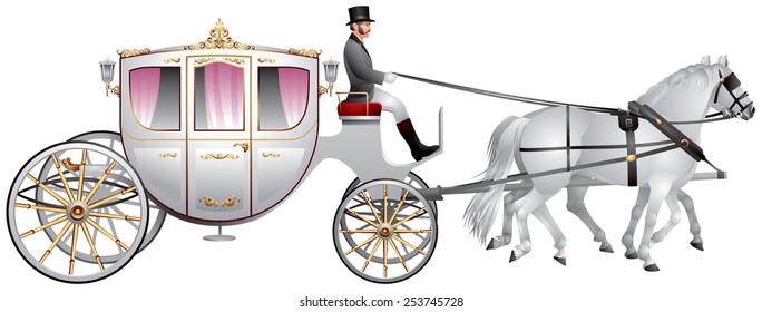 Carriage pulled by two white horses, horse-drawn wedding carriage realistic vector illustration