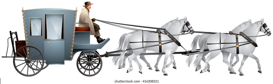 Carriage pulled by for white horses, four-in-hand horse-drawn traveling carriage realistic vector illustration