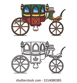 Carriage for queen or isolated icons of victorian princess chariot. Marriage waggon or wedding buggy, vintage stagecoach or classic dormeuse, wagon and cab, clarence or perth-cart. Romantic vehicle