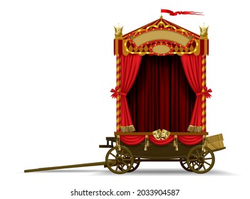 A carriage scene of a roving theater on wheels with a red curtain and decorations isolated on white. Art and theater poster and design template. Vector 
illustration