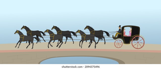 A carriage with six black horses. The crew of the nineteenth century. Vector illustration.