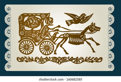 The carriage with the skeletons on the decorative background