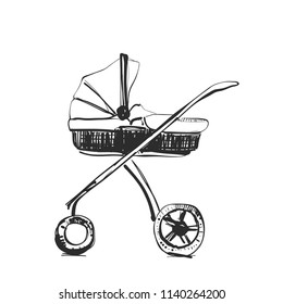 Carriage sketch. Hand drawn illustration for baby shower