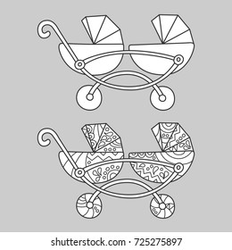 Carriage for twins. Illustration in doodle and cartoon style 