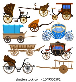 Carriage vector vintage transport with old wheels and antique transportation illustration set of royal coach and chariot or wagon for traveling isolated on white background