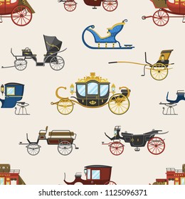 Carriage vector vintage transport with old wheels and antique transportation illustration set of royal coach and chariot or wagon for traveling seamless pattern background