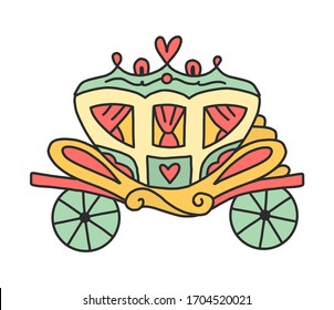 A carriage or a wagon, horse-drawn carriage, a closed passenger wagon with springs. Illustration clip-art fairytale transport poured out on a white background. Cartoon style magic carriage for print