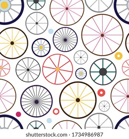 Carriage wheels seamless pattern on white background - vintage coach wagon wheel collection with different spoke patterns. Flat vector illustration.