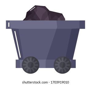 Carriage with wheels or wagon loaded with coal. Isolated icon of fossil fuel got from mine. Mining industry production and extraction of minerals from quarries. Transportation vector in flat