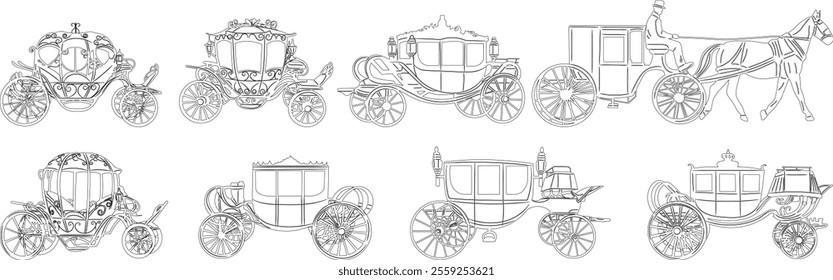 carriages set sketch on white background, vector