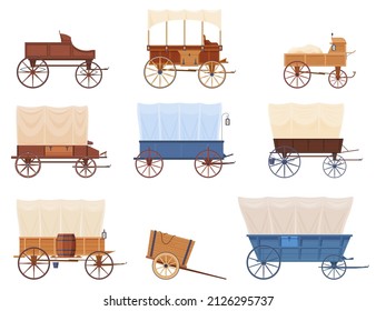 Carriages Wild West Stil Set Vektorgrafik. Sammelwagen für Passagiere und Frachtverkehr einzeln. Traditioneller Vintage-Transport für Gabelpferde. Rustikales Wagenzelt