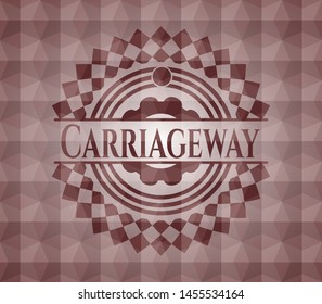 Carriageway red seamless emblem or badge with abstract geometric polygonal pattern background.