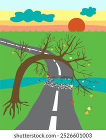 The carriageway of the road is damaged. The river flows through the road. The tree leans over the road. Sunlight and sky. Autumn time.