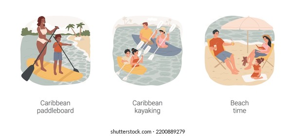 Carribbean holiday isolated cartoon vector illustration set. Caribbean sea paddleboard, SUP board rental, tropical kayaking, parents and kids paddling, exotic destination beach time vector cartoon.