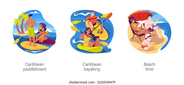 Carribbean holiday isolated cartoon vector illustration set. Caribbean sea paddleboard, SUP board rental, tropical kayaking, parents and kids paddling, exotic destination beach time vector cartoon.