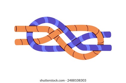 Carrick bend knot closeup tutorial. Technique of marine bond, rope tie. Hiking, climbing, belaying cord node. Bundle of colourful strings. Flat isolated vector illustration on white background