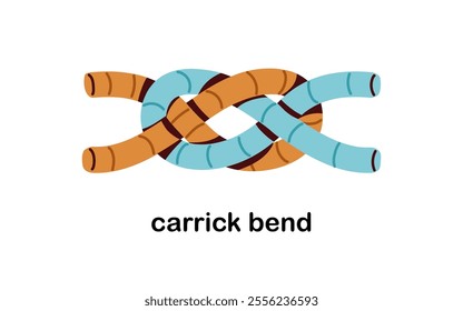 Carrick bend knot, tied rope. String, two cables binding, fixing, linking. Intertwined interlaced wire loops, secure binder, lacing. Flat graphic vector illustration isolated on white background