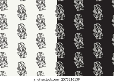 carrier backpack doodle seamless pattern on black white background set. hatching carrier bag background. outdoor carrier engraving pattern wallpaper. pattern background with carrier bag for adventure